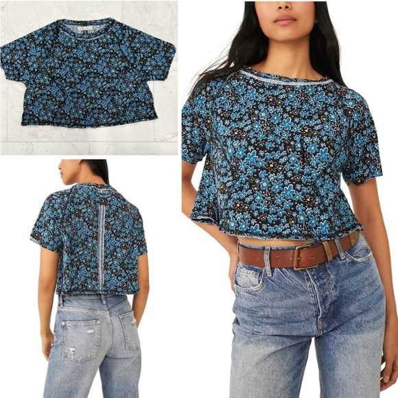 Free People “We The Free” Oversized Blue Flowered Cropped Top - Picture 3 of 14